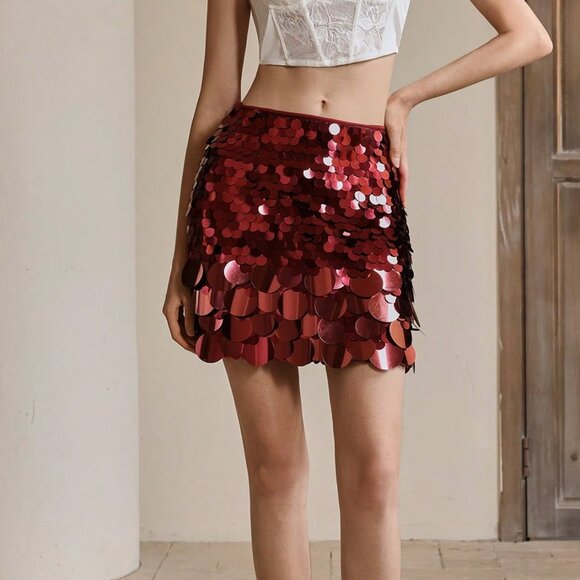 Burgundy Elegant Women's Sequin Party Mini Skirt - Picture 1 of 5